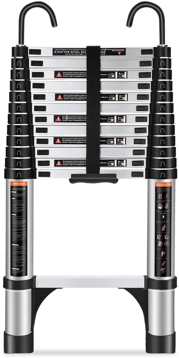 SnelShoppen - Telescopische Ladder Aluminium 3,8 m met Haken, Uittrekbare Inklapbare Ladder voor Zolder, Caravans, 150 kg Draagvermogen, Lichtgewicht,