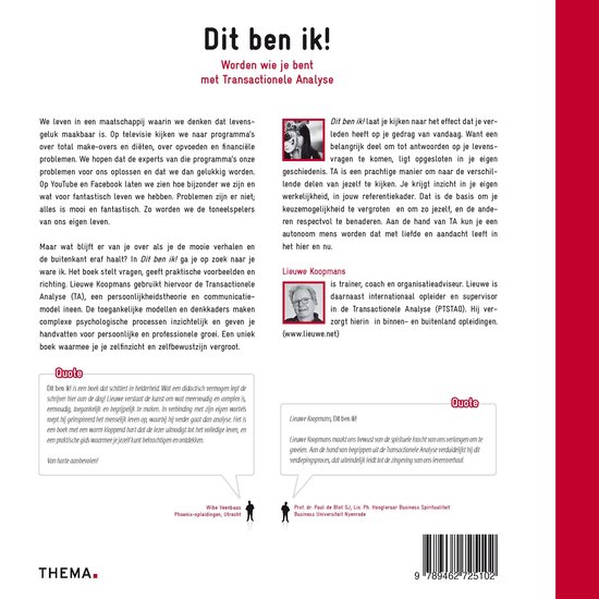 De achterkant van het boek 'Dit ben ik!'. Links is tekst over de inhoud. Rechts een foto van Liewe Koopmans, coach en organisatieadviseur.