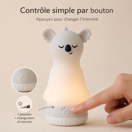 Namajunas - Koala Siliconen Nachtlampje - Oplaadbaar via USB-C Kinderlamp met Zaklampfunctie - Dimbare Zacht Licht Slaaplampje - voor Babykamer - voor Jongens en Meisjes - Warm licht - Voor Baby, Kind en Volwassenen - Grijs van Namajunas — afbeelding 2