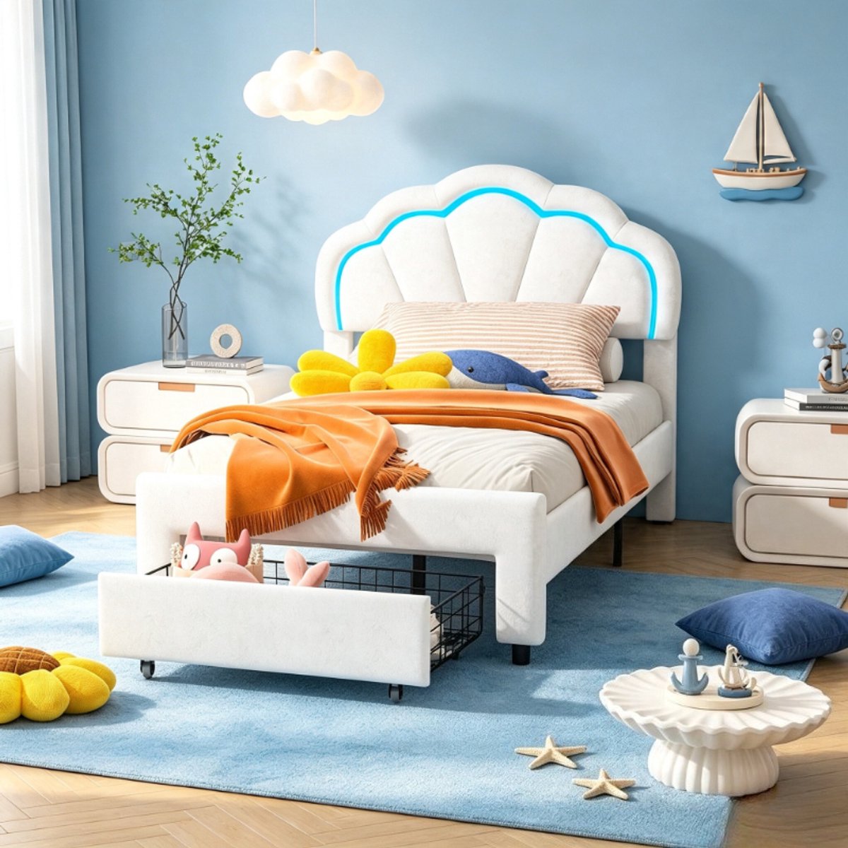 Eenpersoonsbed 90x200 cm, kinderbed met led verlichting en lade aan voeteneinde, gestoffeerd bed met verstelbaar hoofdbord, bloemen design fluwelen bed wit, zonder matras