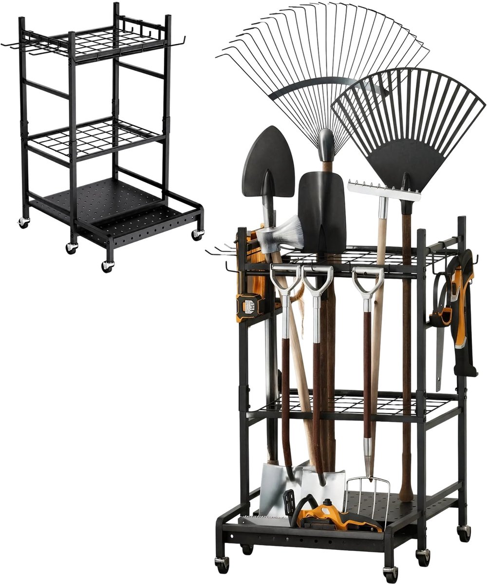 SnelShoppen - Opbergstandaard voor Tuingereedschap - Heavy Duty Stalen Organizer - Staande Tuingereedschapshouder - 3 Verdiepingen - Metalen Utility R