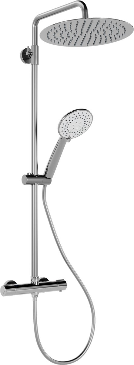 Thermostatische douchemengkraan complete set – roestvrij staal 304, veiligheidsknop voor 38°C, hoogteverstelbare doucherail, handdouche met 3 functies, 250 mm regendouche, 1,5 m slang, chroom, eenvoudige montage