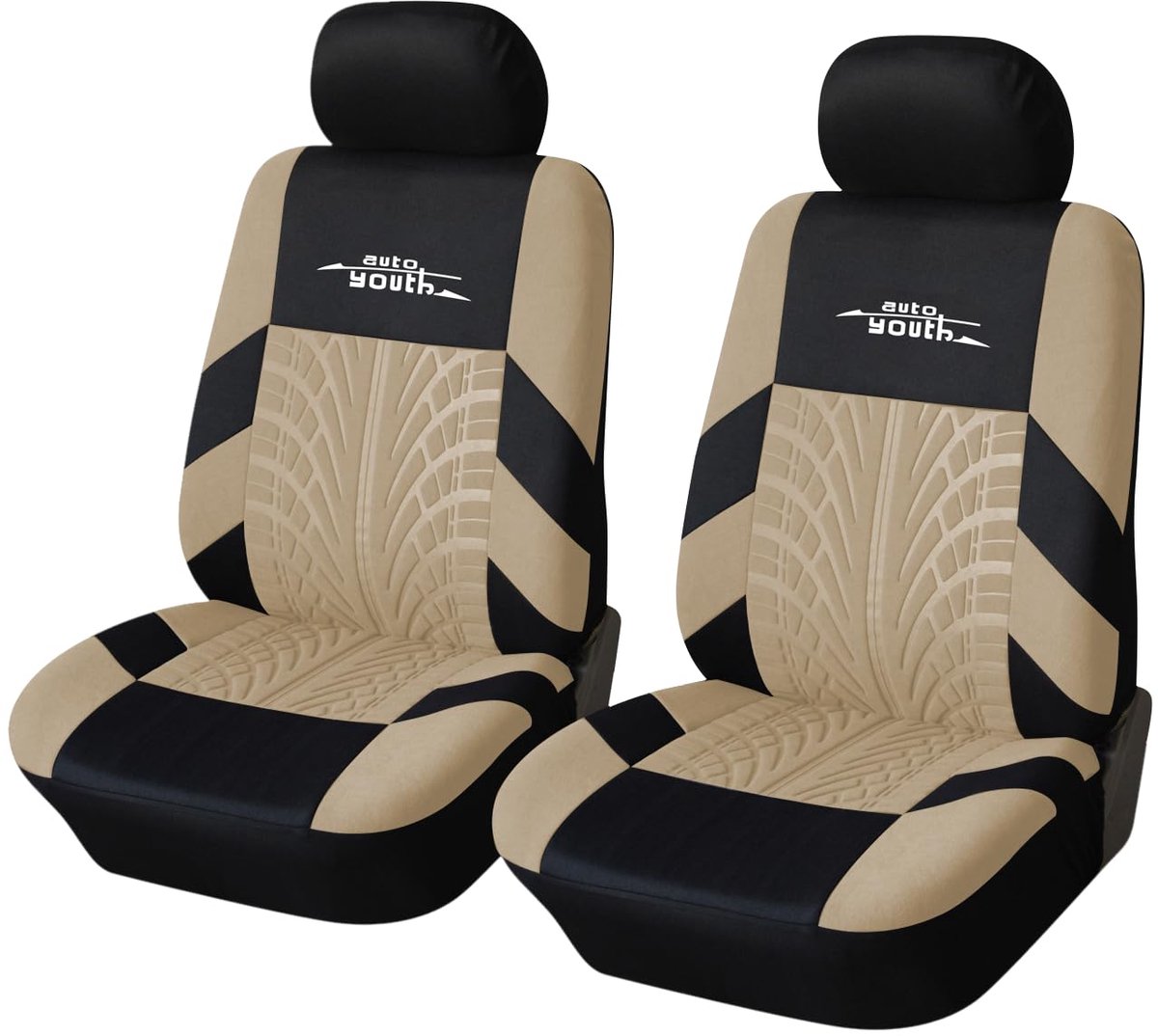 SnelShoppen - Autostoelhoezen Universeel Beige - Set van 2 Voorstoelhoezen, Stoelhoezen Beschermer voor Auto, Vrachtwagen en Bestelwagen, Tire Track D
