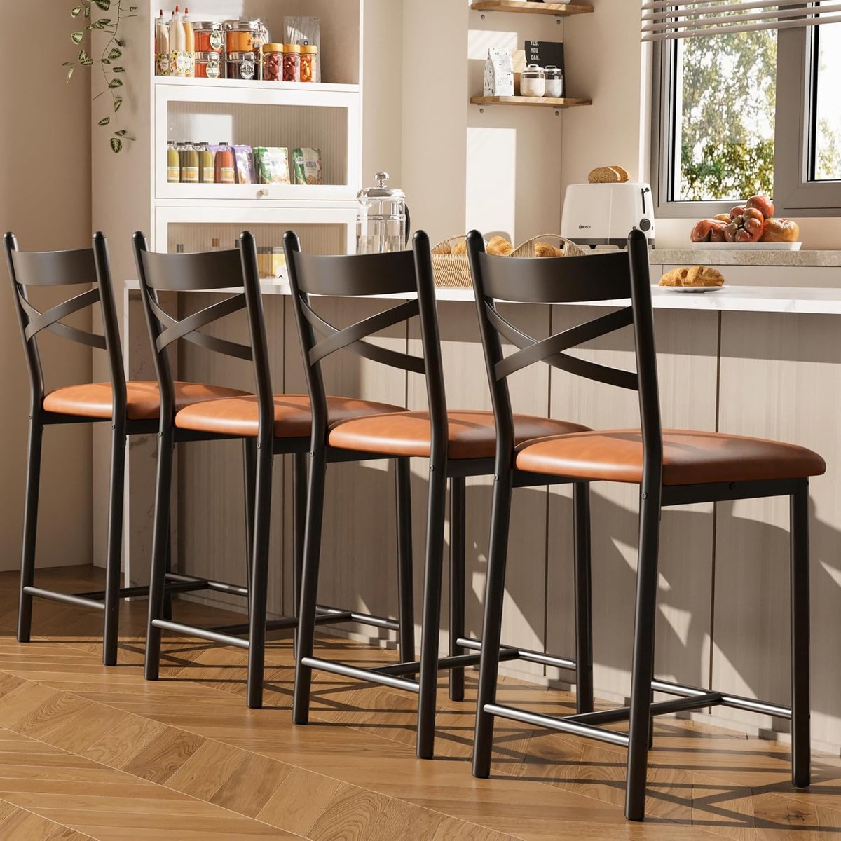 Moderne set barstoelen – gestoffeerde stoelen voor aanrecht hoogte met rugleuning en dikke PU-leder zitting, robuust zwaar belastbaar metalen frame, geschikt voor keukeneiland, eetkamer, bistro en restaurant, vintage zwart en goud