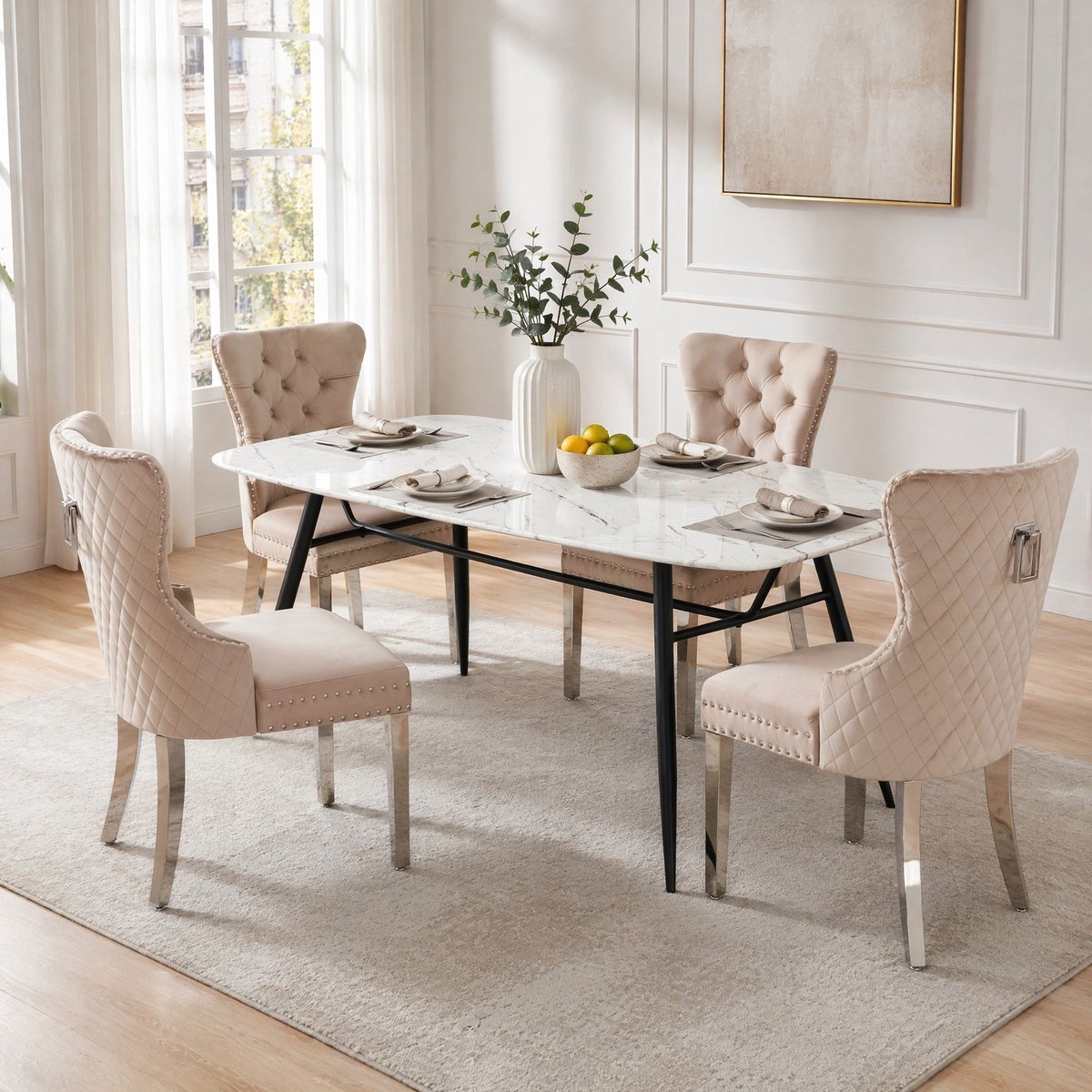 MEUNIQ eetkamerstoel set van 4 - beige velvet, metalen vierpoot, gecapitonneerde rugleuning, zachte zitting, 150 kg, voor eetkamer en woonkamer