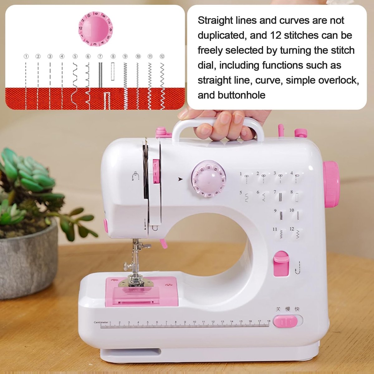 SnelShoppen - Mini-naaimachine voor beginners, 12 steken, multifunctionele naaimachine met dubbele draad, roze, voor kinderen, op stroom en batterijen