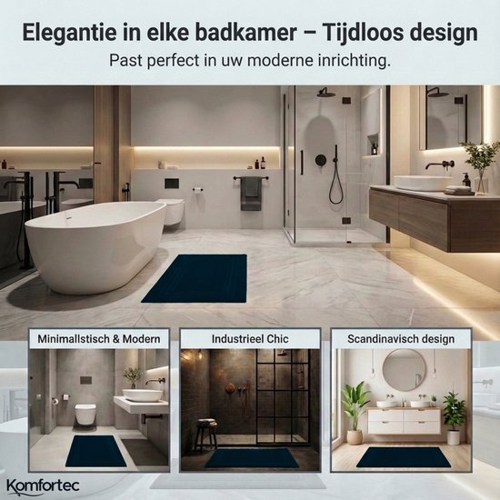 Grote afbeelding van een badkamer met een donkerblauwe badmat. Kleinere afbeeldingen tonen de mat in minimalistische, industriële en Scandinavische interieurs.