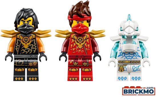 Drie Ninjago-figuren: één in zwart, goud en oranje, één in rood en goud, en één in wit en blauw.