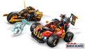 LEGO Ninjago: een rode en zwarte buggy en een gouden en zwarte motor met een wit wezen.