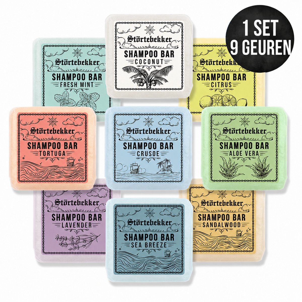 Störtebekker® Premium Proefset met vaste shampoo (9 geuren) - Handgemaakte, vegane shampoo voor mannen en vrouwen - Heerlijk geurende doucheverzorging voor huid en haar - Vaste hydraterende shampoo bar set - 9 x 100g