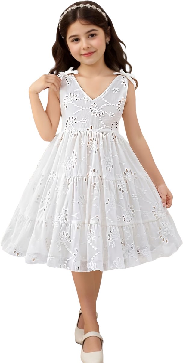 Currero Zomerjurk Meisjes Zomerjurken Kinderen Jurk Meisje Ibiza Stijl Sundress Kinderkleding 9-10 Jaar Wit