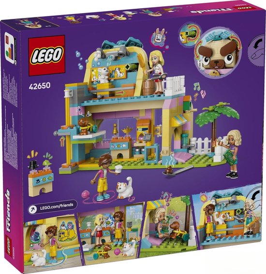 Boutique LEGO Friends avec espace de toilettage pour animaux, briques violettes, jaunes, bleues et roses. Comprend trois mini-poupées, un chiot, un chaton et un lapin.