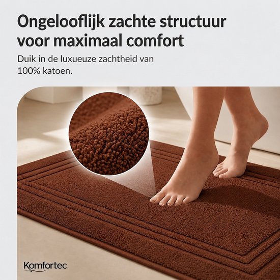 Komfortec Badmat - 2 stuks - Handdoek Dikte - Hotelkwaliteit - Zachte en Absorberende Douchemat - 50x70 cm - 100% Katoen – Bruin