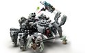 Grijze LEGO Spider Tank met klauwen, vier poten, twee minifiguren en Baby Yoda.