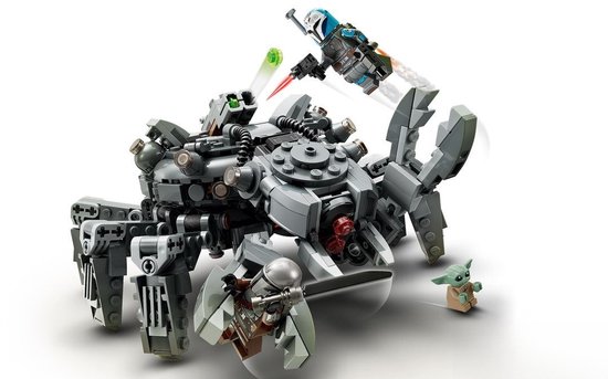 Grijze LEGO Spider Tank met klauwen, vier poten, twee minifiguren en Baby Yoda.