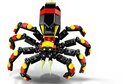 LEGO spin van zwart, rood en geel met acht poten en grote gele giftanden, frontaal bekeken.