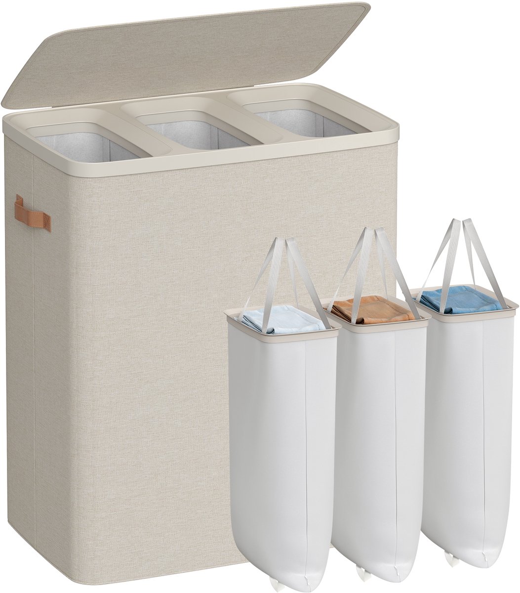 Conway Living® - Wasmand met 3 Vakken - 190 Liter - Wasbox met Deksel en Uitneembare Waszak - Wassoorteerder - Inklapbaar - Cappuccino Beige - 64x40x75 cm