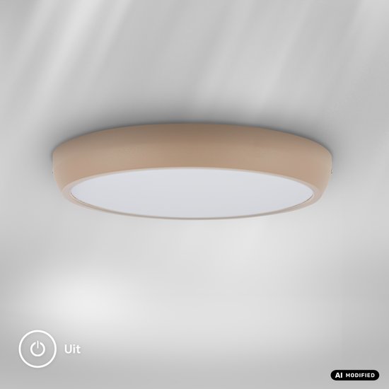 Ronde beige plafondlamp met witte diffuser, "Uit" en "AI MODIFIED" iconen.