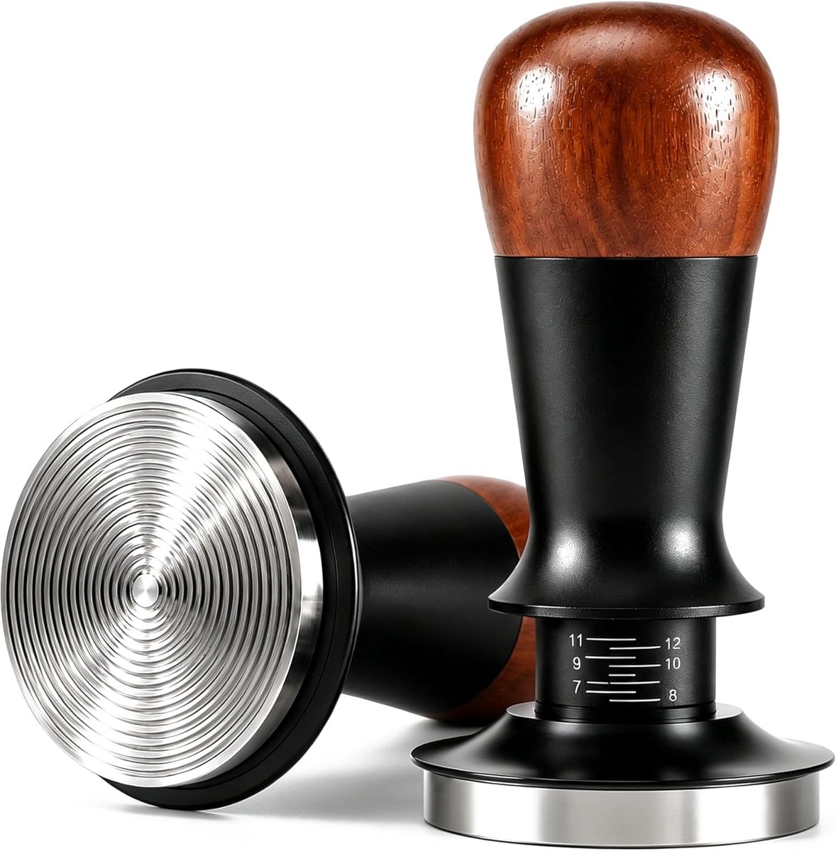 Lzwintrading - Koffie Tamper 58MM - Koffie Sabotage - Espresso Koffiestamper - Tamper 58MM met Houten Greep - Koffie Stamper - Koffie Accessoires - Cafés en Koffieliefhebbers - Roestvrij Staal Ripple Basis - Zwart