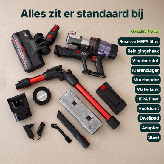 Overzicht van alle onderdelen van de rode en zwarte steelstofzuiger, inclusief accessoires.