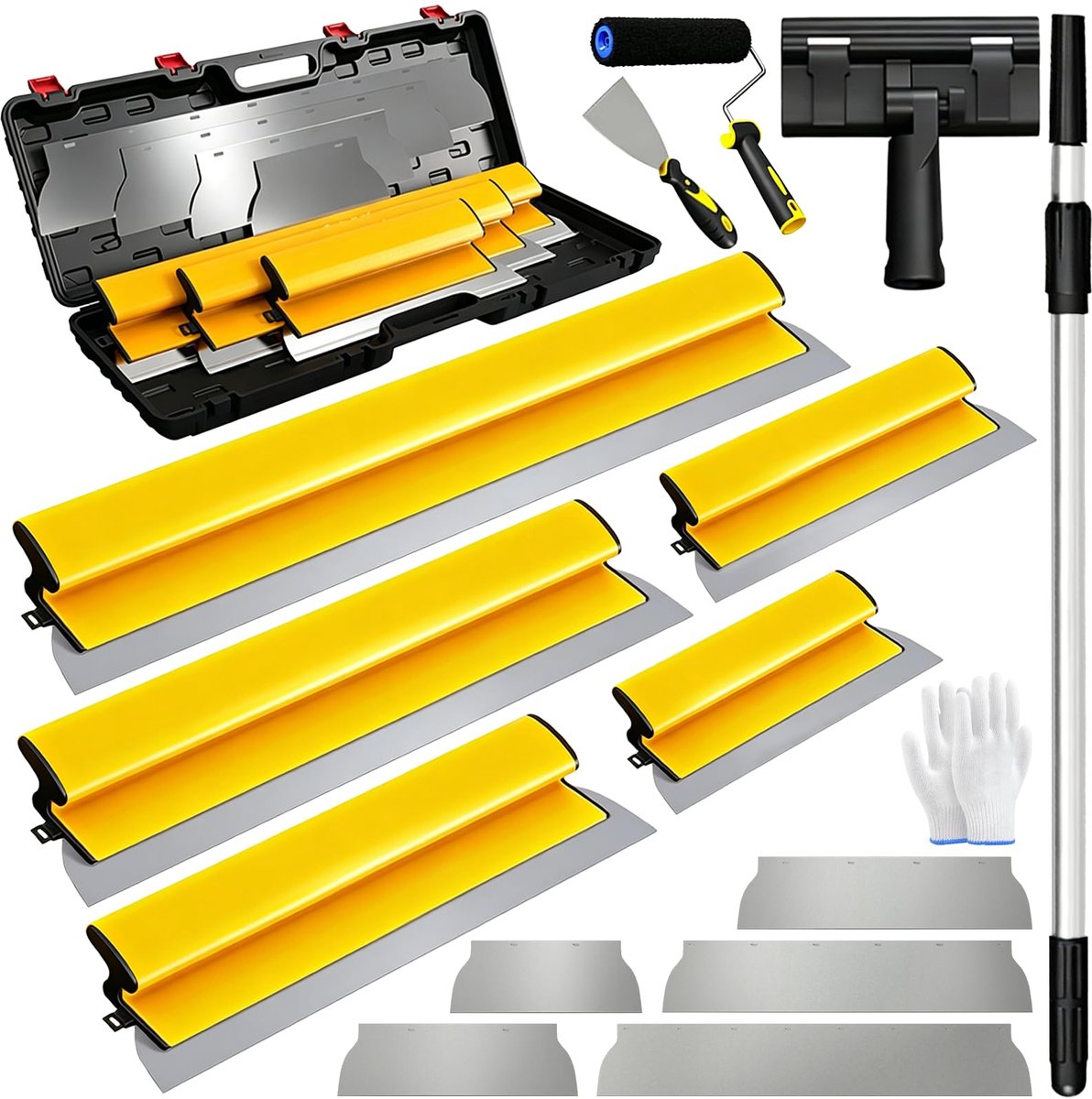 SnelShoppen - 16-delige Spackmes Set voor Gipsplaten, RVS Messen 15/25/40/60/80 cm met Telescoopsteel, 5 Reservemessen, Plamuurmes en Stucgereedschap