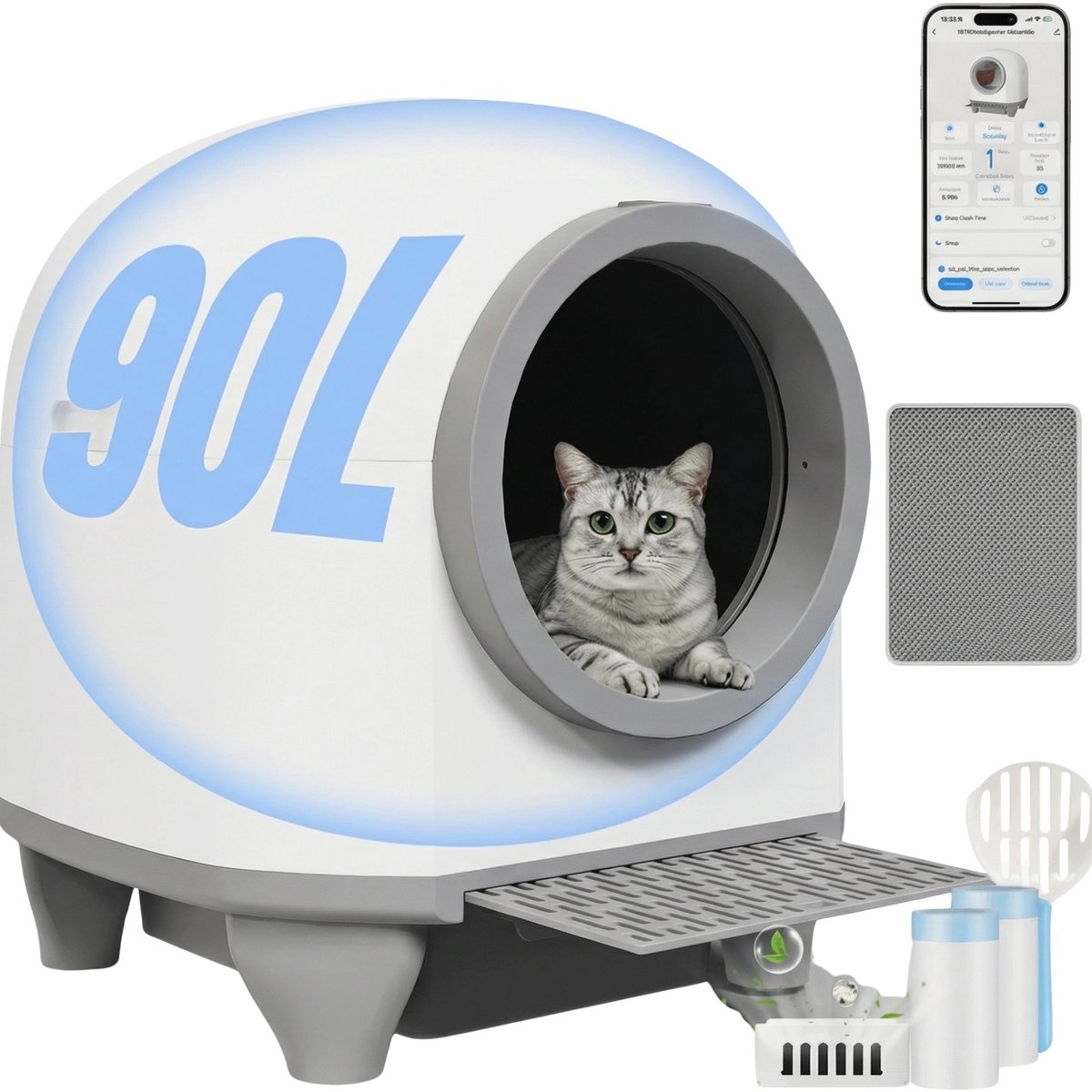 Zelfreinigende Kattenbak met Kattenoren – Slimme Kattenbak met Veiligheidssensor, Geschikt voor Meerdere Katten – Wit