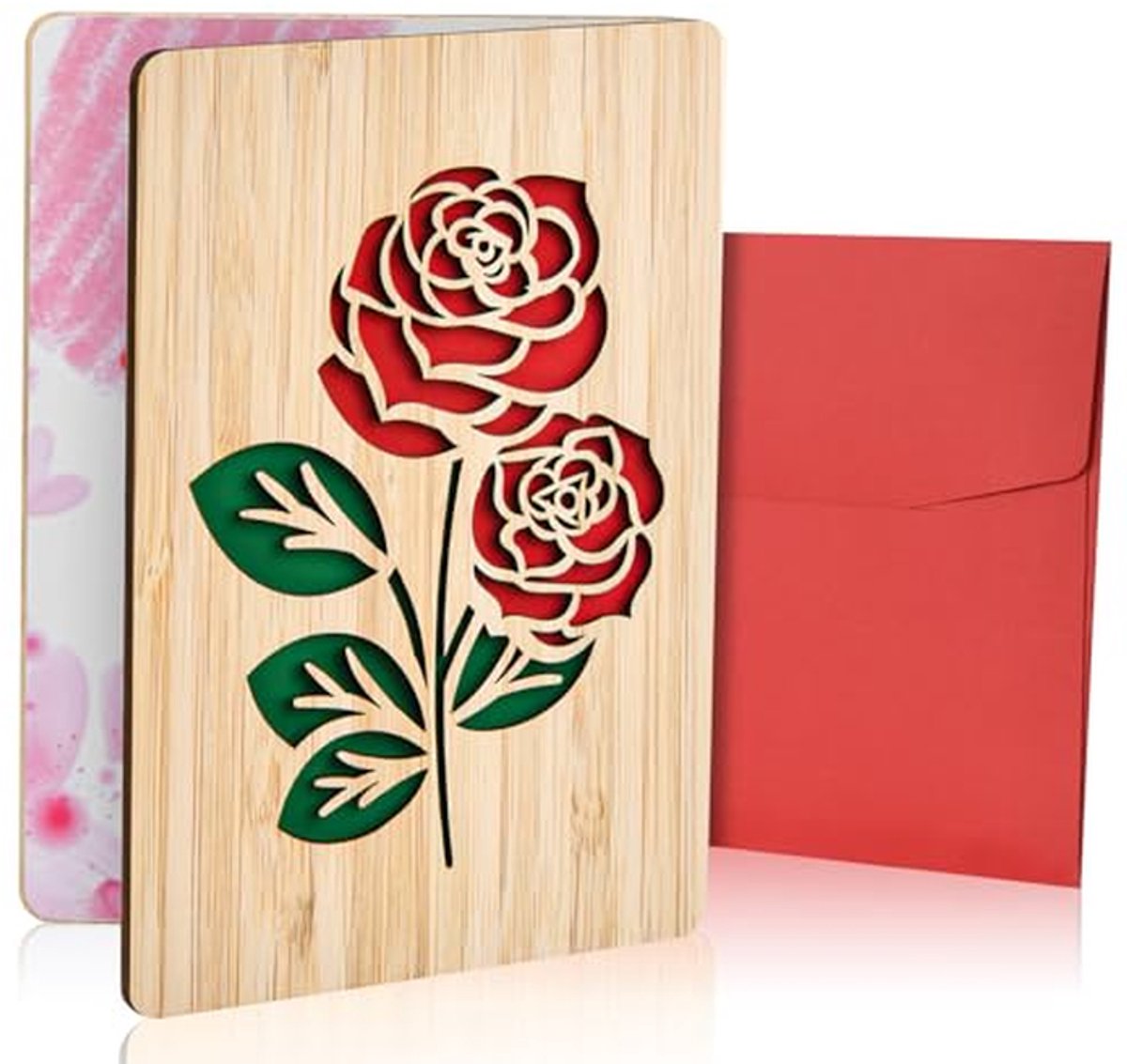 Houten Wenskaart - Houten Kaart - Gevoelens Uiten - Lasergesneden Bamboe - 15 x 11 cm - Rozen Decoratie