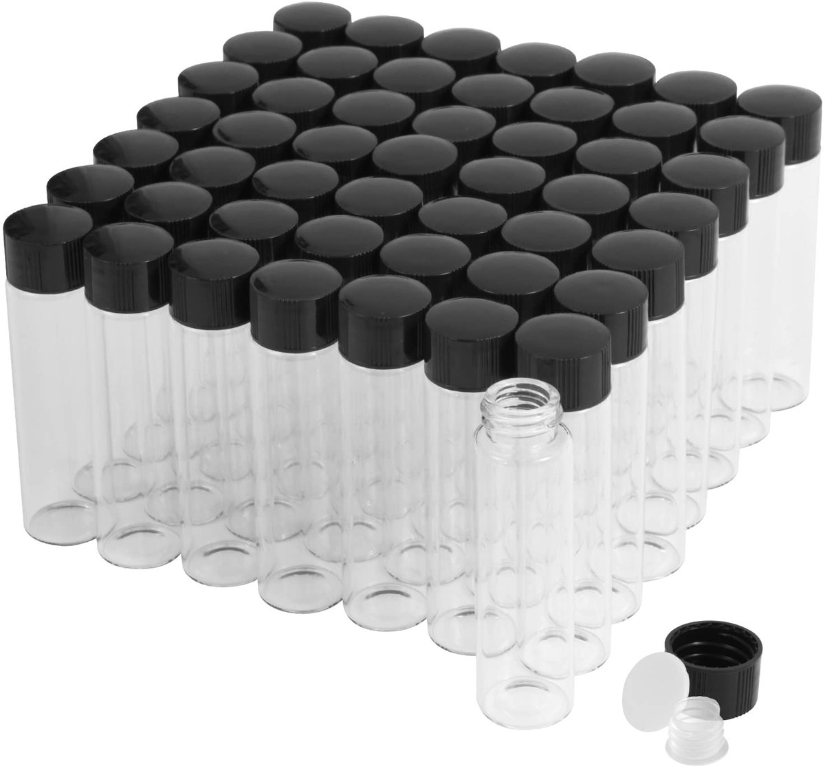 SnelShoppen - 20 ml Transparante Glazen Flesjes met Schroefdop en Kunststof Stop, Lekvrije Flessen voor Vloeistof, Poeder en Monsters, 50 Stuks voor K