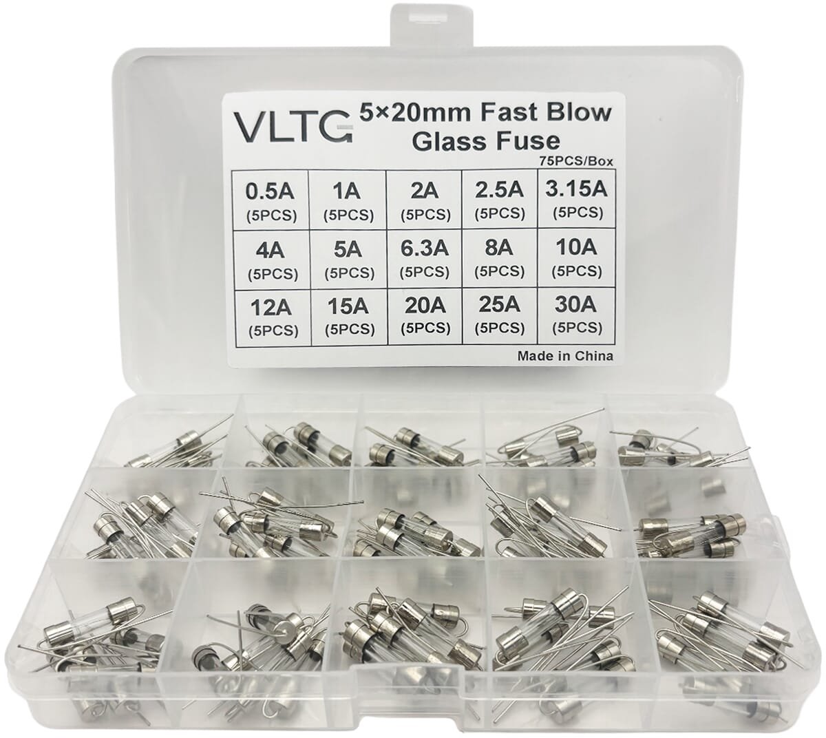 VLTG Glaszekering met Soldeerdraad 5x20mm - Buiszekering - Snel (F) - 0.5A t/m 30A - Zekeringset 75 stuks