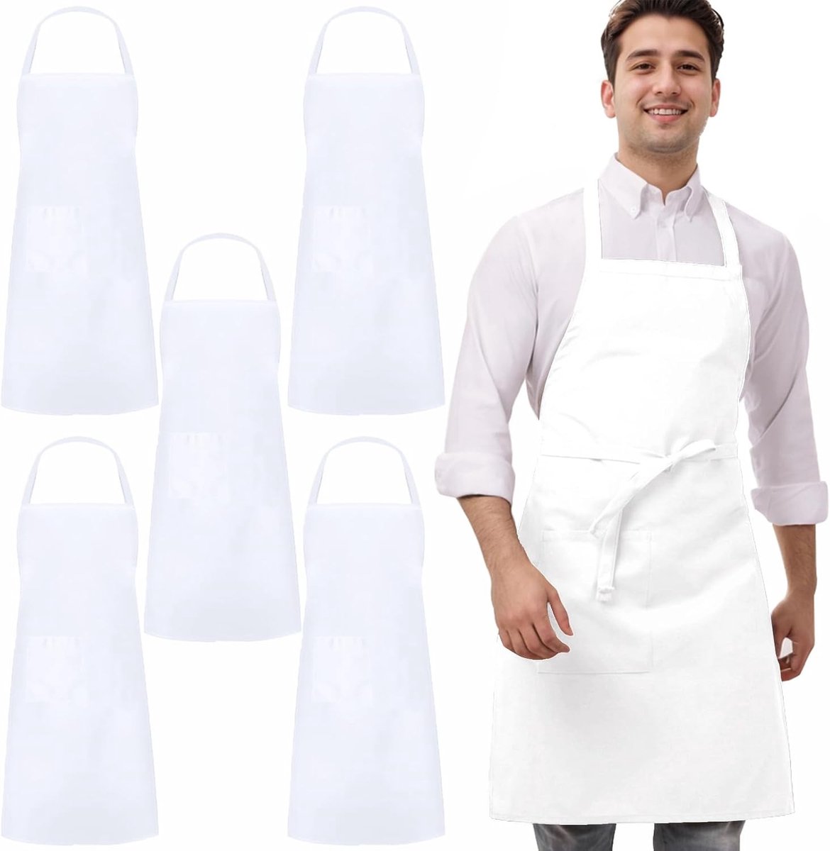 Set van 5 Witte Keuken Schorten voor Mannen en Vrouwen, Professionele Schorten voor Koken, Restaurant en Bistro Gebruik