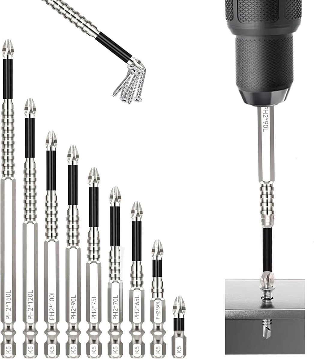 SnelShoppen - Set van 9 Sterke Magnetische Schroevendraaier Bits, Anti-slip K5 Staal, 25-150mm Geschikt voor Elektrisch Gereedschap en Werkplaatsen