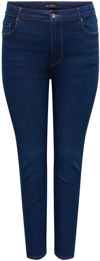 Voorkant van een donkerblauwe skinny jeans met vijf zakken.