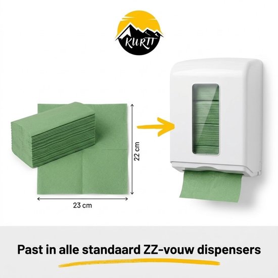 Afmetingen van groene papieren handdoekjes (22x23cm) en een witte dispenser met daarin groene papieren handdoekjes.