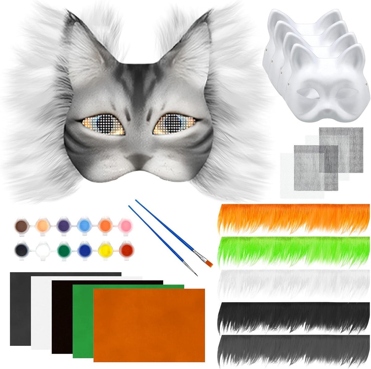 SnelShoppen - Alftek Therian Kattenmasker Set 23 Stuks - Harig Zelfklevend Vilten Masker in 5 Kleuren - Inclusief Ooggaas voor Halloween Maskerade en