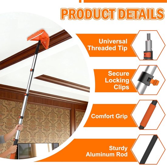 Stofdoek Set - Telescopische Paal - Hoge Plafonds Reinigen - Veelzijdige Reinigingskoppen - Tot 6 Meter - Oranje — afbeelding 4