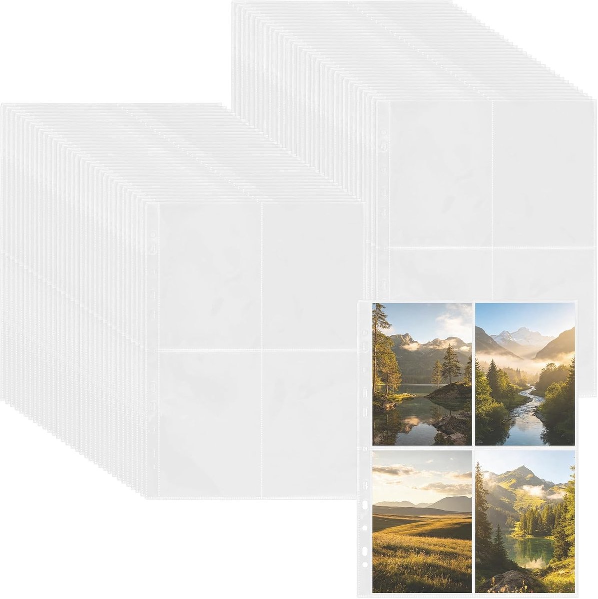 80 stuks transparante ansichtkaarthoezen A4 met 640 vakken voor fotoalbums en verzamelkaarten, ideaal voor 2/3/4 ringbanden en navulpagina's (10 x 15 cm)