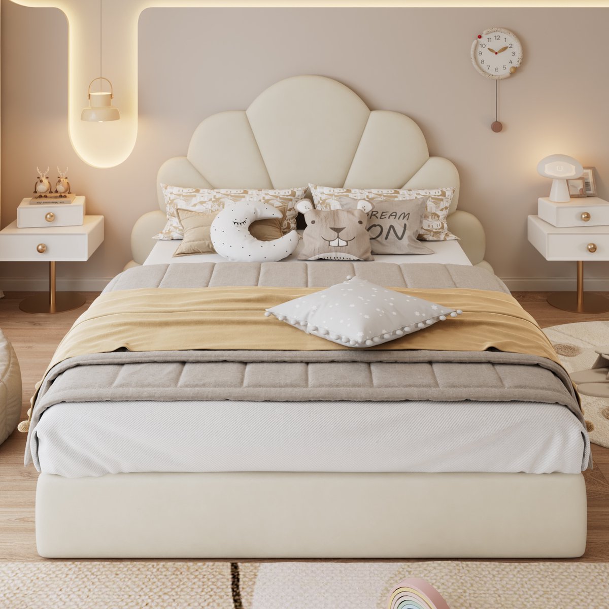 COVREO Bed 140x200 cm beige stof met lattenbodem zonder matras