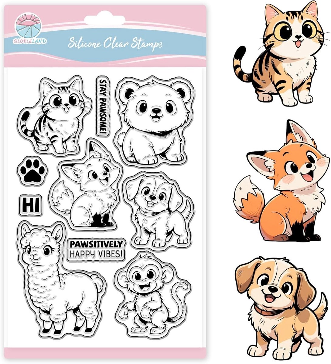 Transparante Stempels met Schattige Dieren voor Kaartcreatie - Kat, Hond, Vos, Schaap, Hert en Aap - Siliconen Stempels voor DIY Projecten