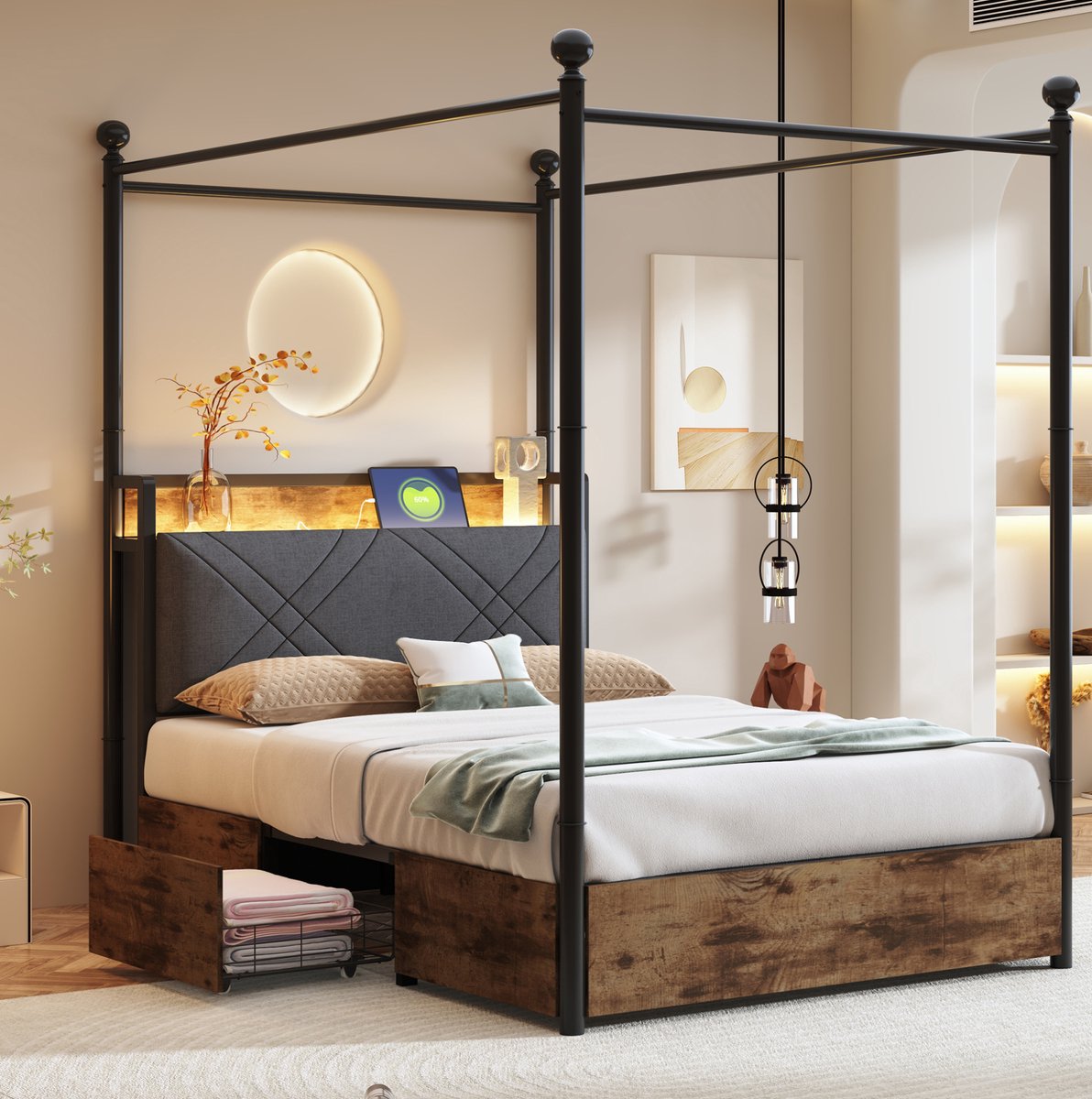 COVREO Hemelbed 90x190 cm zwart met opbergruimte en LED zonder matras