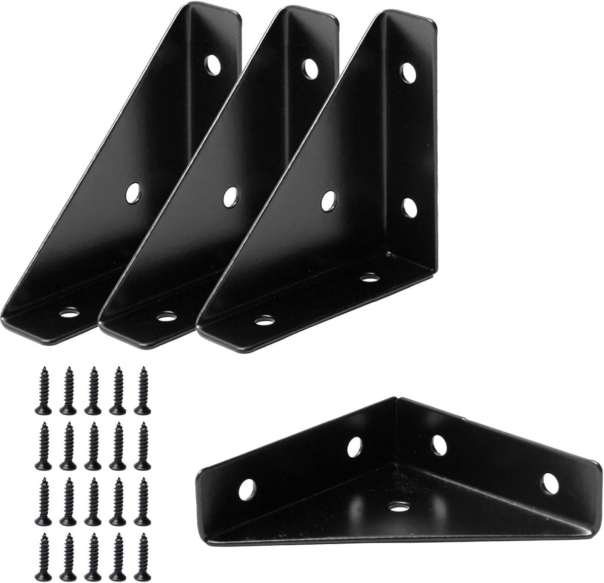4- stuks Hoekbeugels - Driehoekige plankdrager - Haakse plankdrager - Gebruikt voor het stabiliseren en repareren van boekenplanken、tafels、bureaus en bedframes - 6.6×6.6×1.9cm - Geschikt voor tafels, stoelen, hoeken, boekenplanken, enz - Zwart