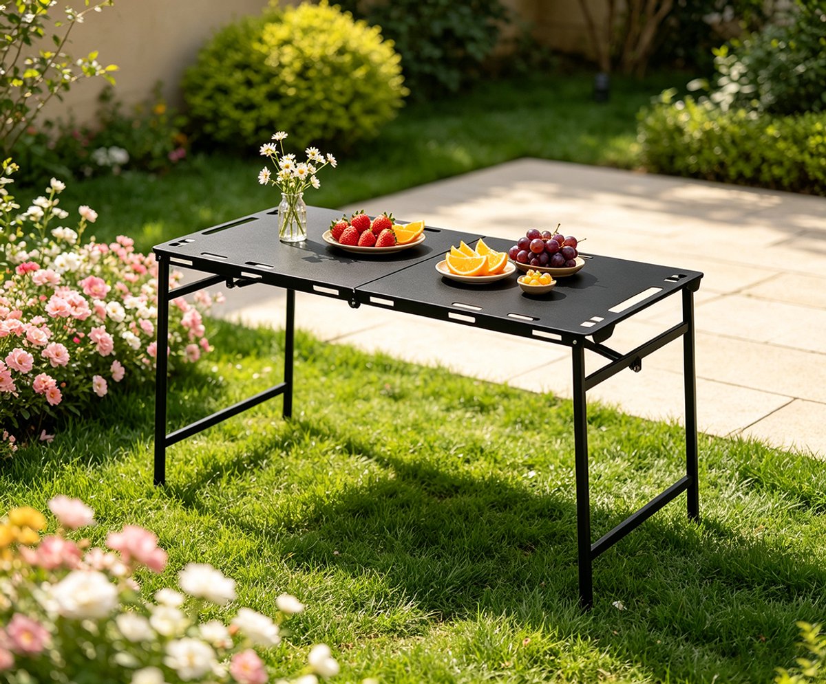 Opklapbare camping-barbecuetafel 104x48x50 cm lichtgewicht metalen onderstel met handvat Geen montage nodig perfect voor kamperen picknicks en barbecues Zwart