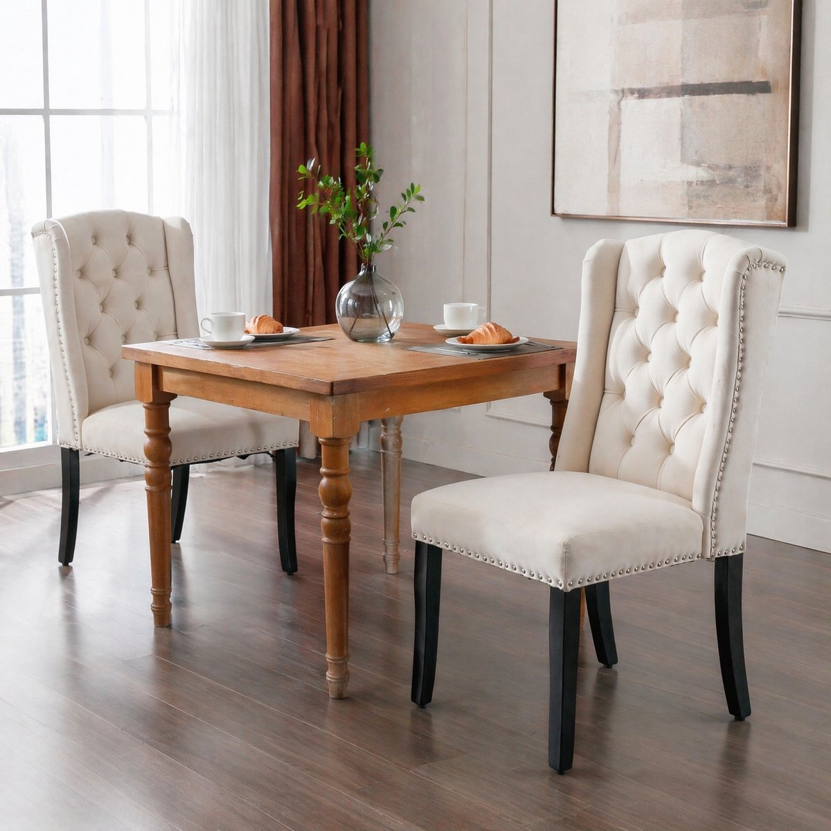 MEUNIQ beige velvet eetkamerstoel set van 2 met gecapitonneerde rugleuning, zwarte houten poten en knoopdetail voor eetkamer