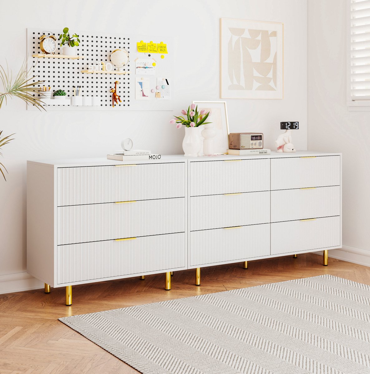 COVREO Dressoir 200x40x72 cm - wit MDF, 9 laden, modulaire opstelling