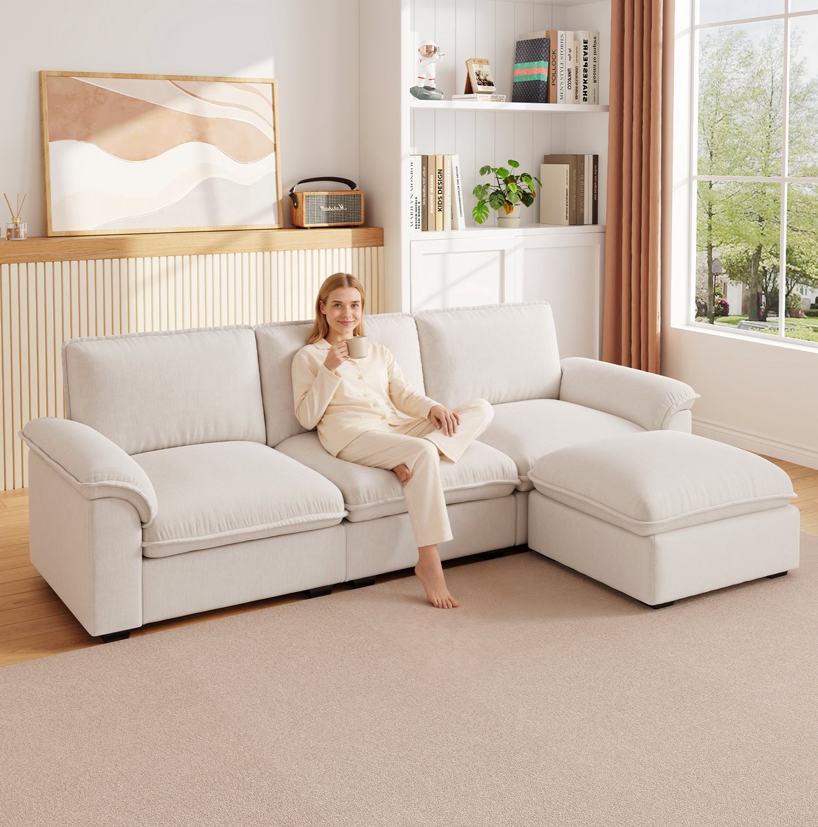 STILVORA Hoekbank 260 x 154 x 86 cm - Modulaire L-Vorm Met Verplaatsbare Ottomane En Zachte Kussens - Voor Woonkamer - Chenille Beige