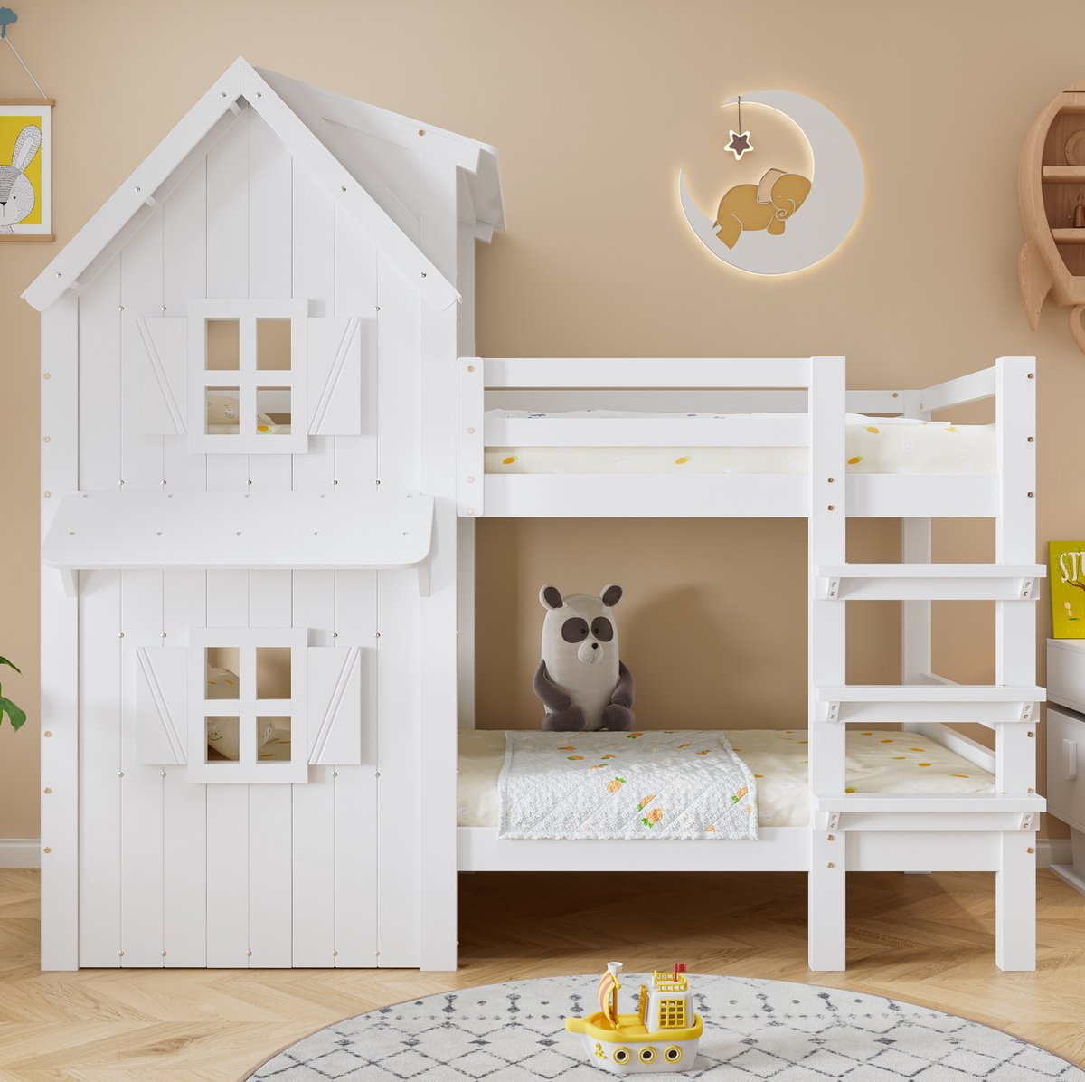 COVREO Bed 90x200 cm wit stapelbed met dak, ramen en ladder zonder matras