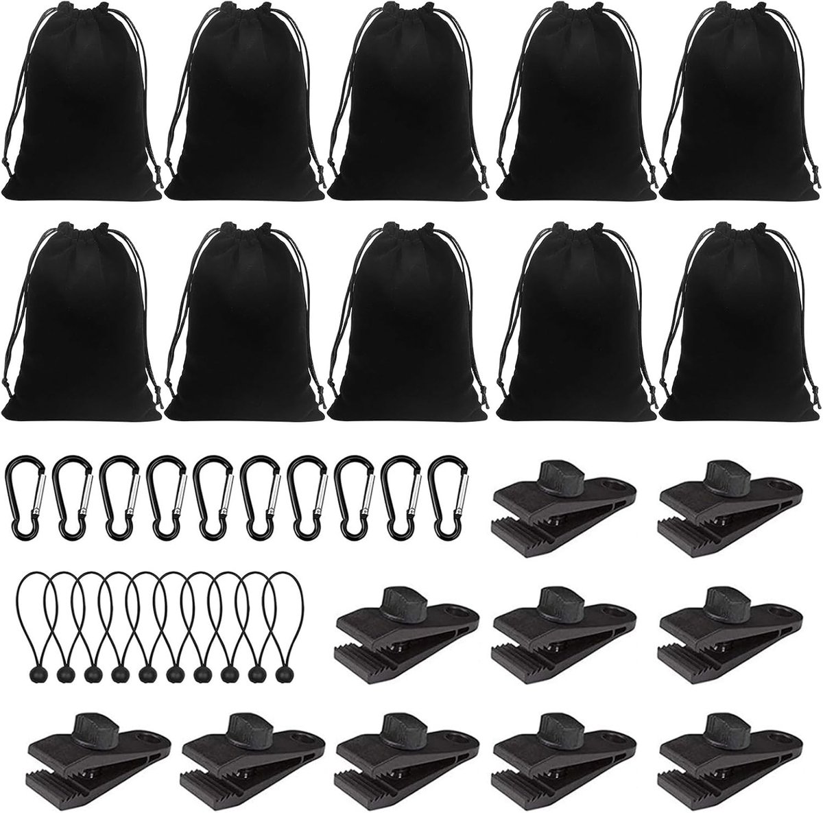 SnelShoppen - 40 Draagbare Gewichttassen voor Buitengordijnen, Tentbevestiging, 10 Gewichtvakken, 10 Karabijnhaken, 10 Clips, 10 Bungee-Koorden - Perf