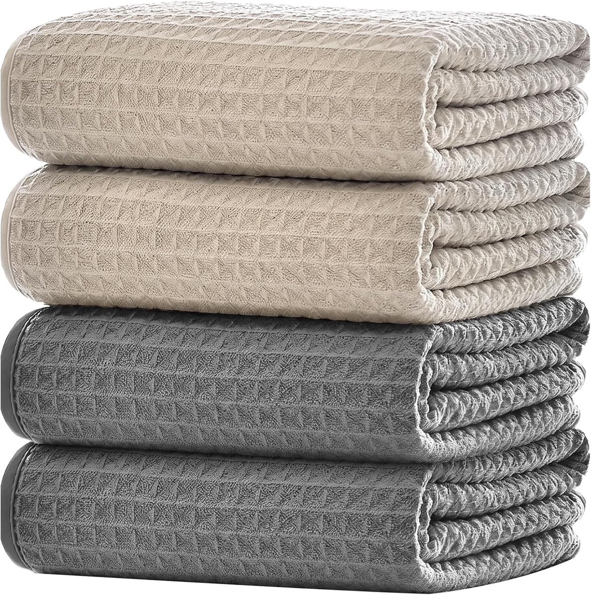 Theedoeken wafelpiqué set van 4, 50 x 70 cm, microvezel, versterkte rand, super absorberend en sneldrogend in beige en grijs