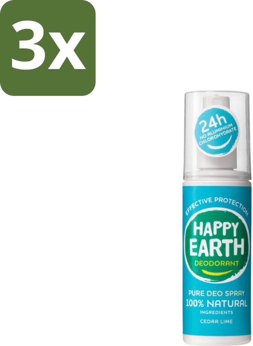 Happy Earth – Deodorant Spray – 100% Natuurlijk Cedar Lime – 100 ml - Bulkverpakking - 3 stuks
