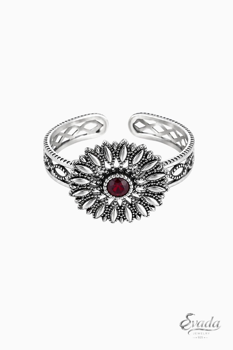 925 Sterling Zilver Ring met Rode Steen – Bloem Design – Vintage Statement Ring – Red Stone Flower Ring – Bague Fleur Rouge – Eavada Jewelry