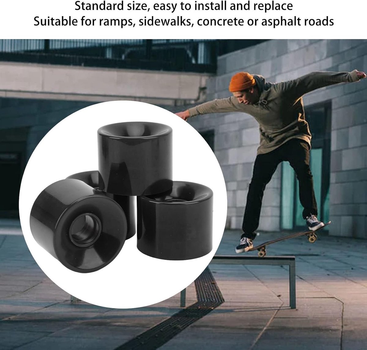 Set van 4 Skateboardwielen van 60 mm voor alle terreinen, geschikt voor Skateboards en Longboards, Zwart